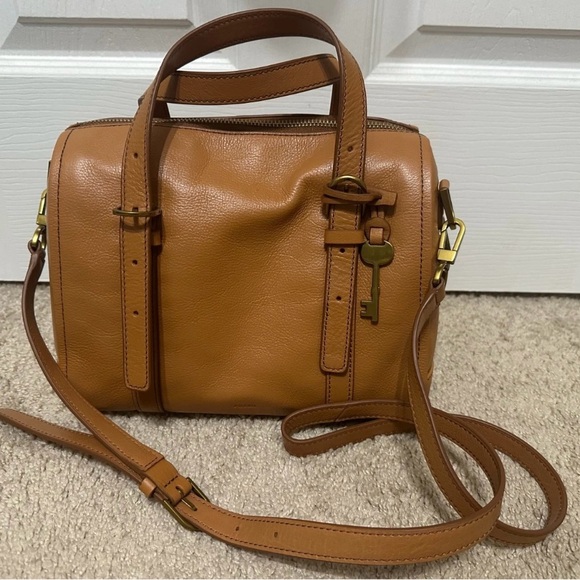 Fossil Carlie Leather Camel Satchel Handbag, used once